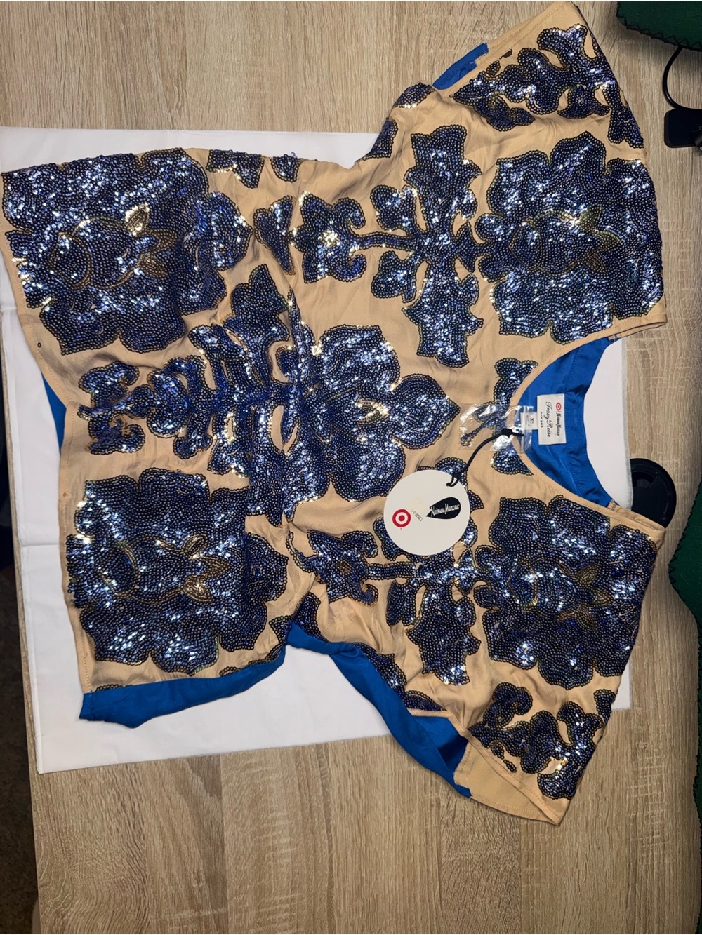 Tracy Reese Tan Top with Blue Sequin Floral Appliqué